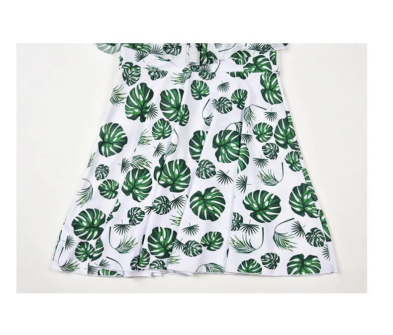 Women's printed one-piece swimsuit in polyester fabric showing green leaf style and black letter style colour options