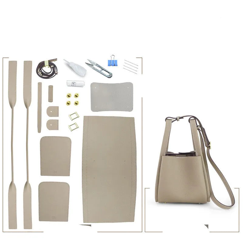 Cow leather hand sewing bag kit, 22cm wide crossbody bag with car suture detail in Blue, Caramel, or Khaki.