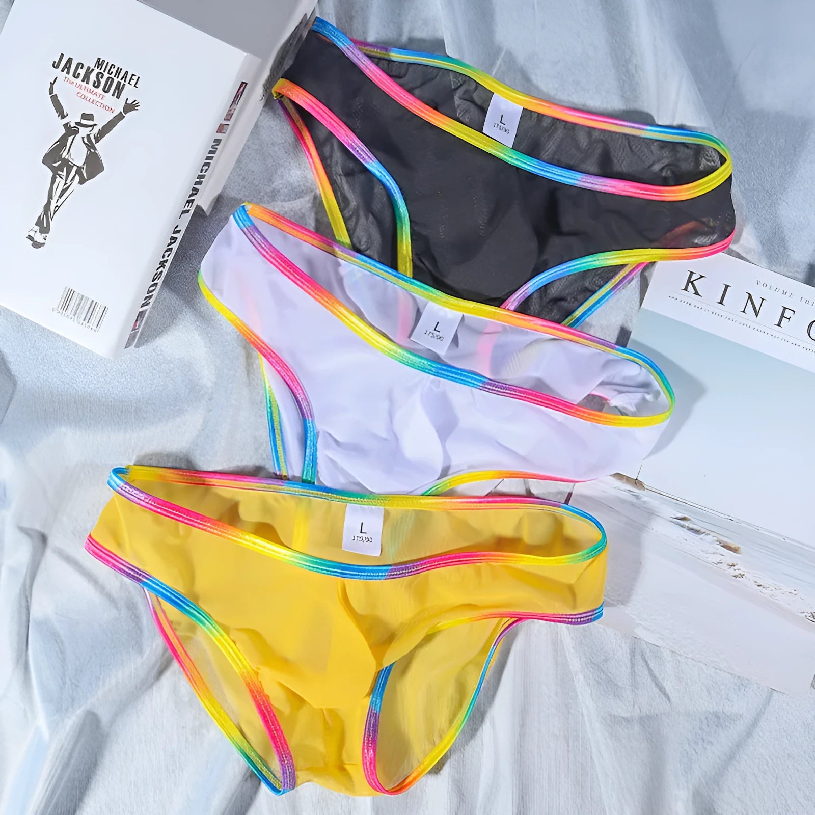 Transparent mesh quick-drying briefs in six colour options on size chart