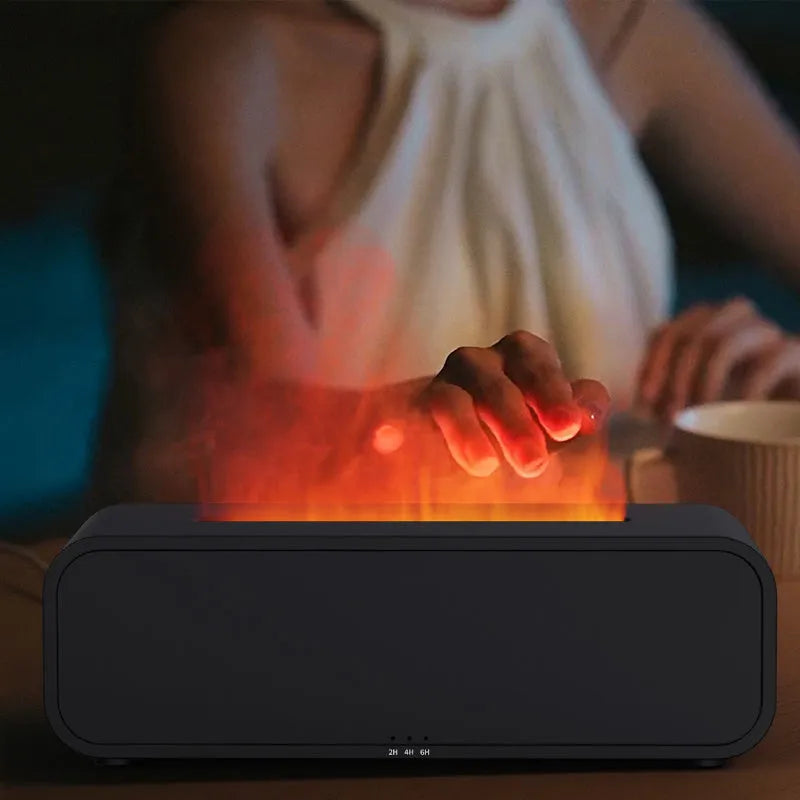 Black and white USB aroma diffuser showing flame dynamic light effect and remote control.