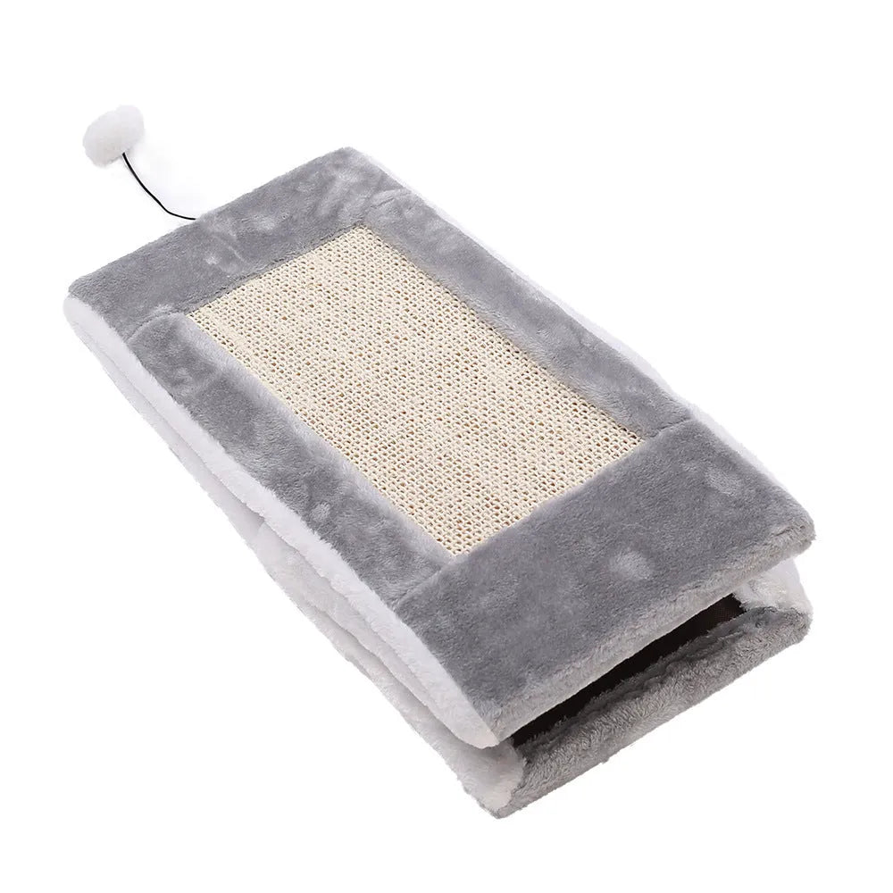 Triangular grey and white cat scratching post toy with integrated fur bed for indoor cats
