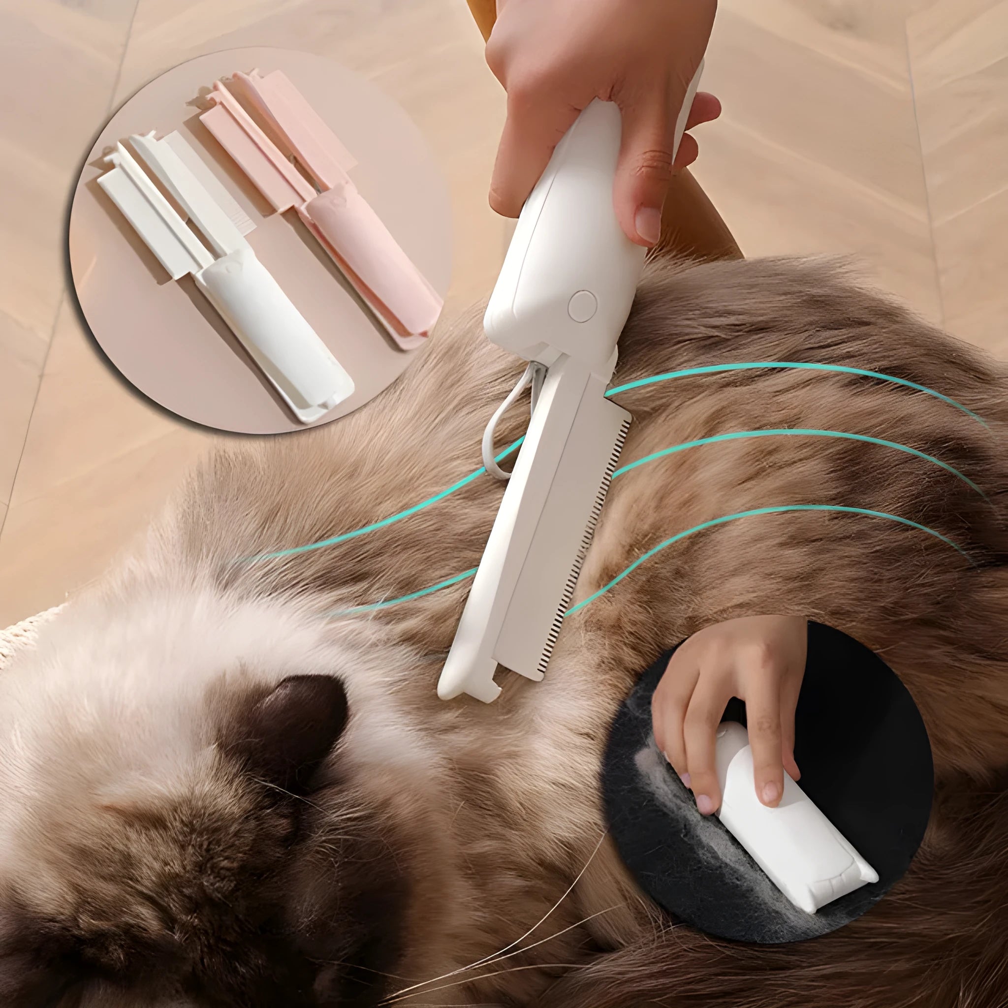 Pink and white plastic pet grooming brush for cats and dogs to remove floating hair