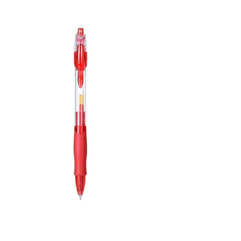 A single plastic gel pen with a 0.5mm tip, shown in black, blue, and red ink colour options.