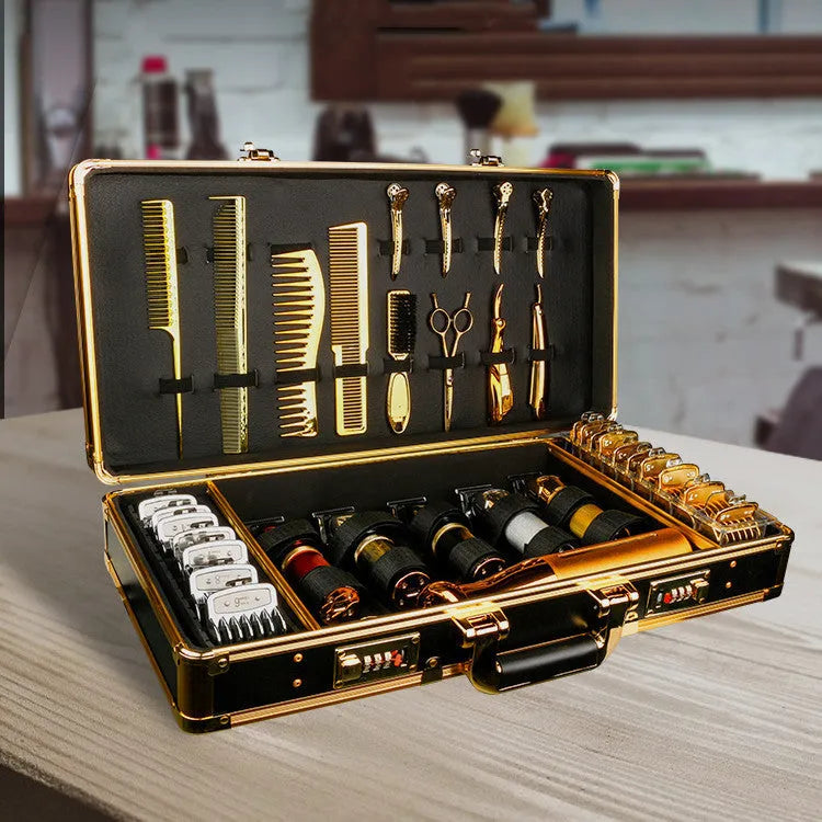 Black PVC storage case for hairdressing tools and salon cosmetics, showing its size and hard-shell construction.