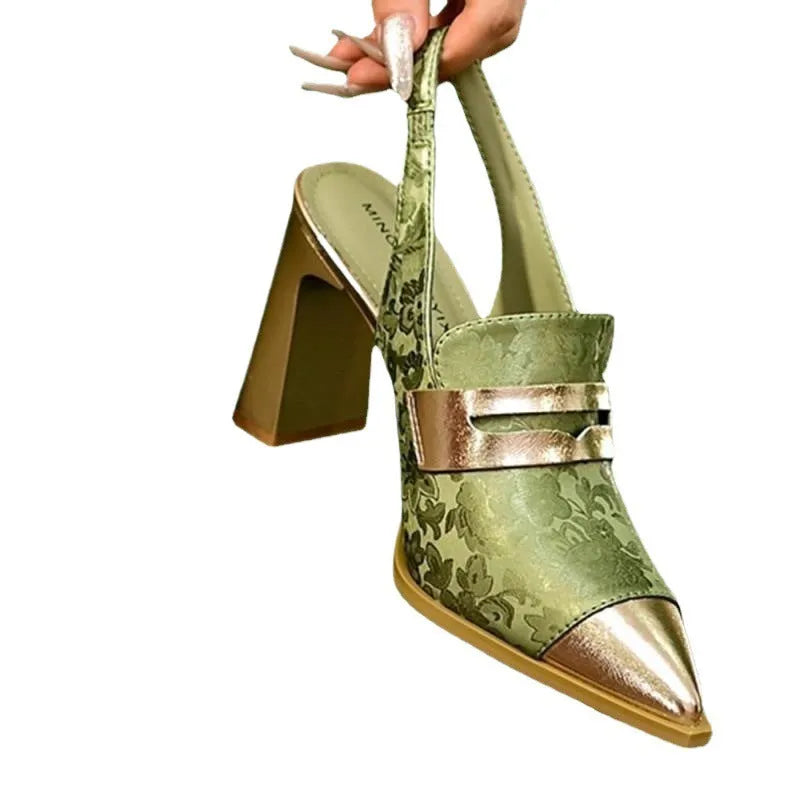 Korean style women's black chunky heel strap sandals with pointed toe and high-cut ankle design.