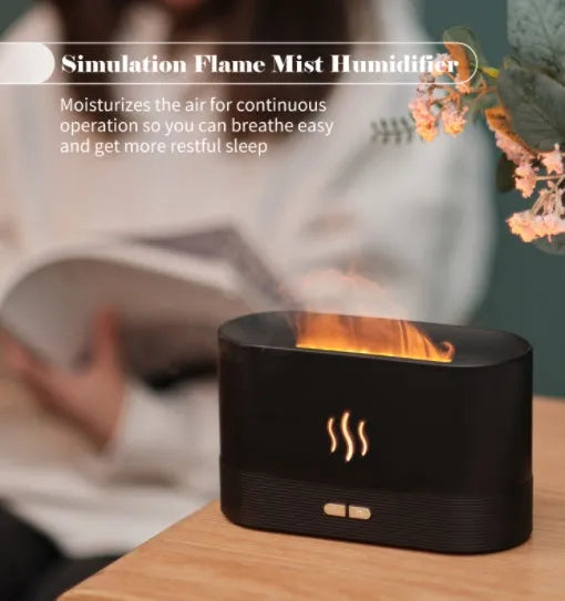 USB powered ultrasonic aroma diffuser with flame light, black, 180ml capacity, compact size