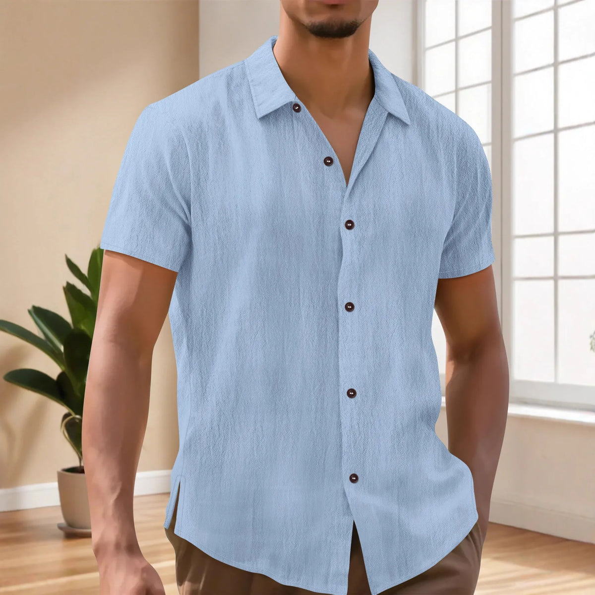 Men's linen lapel short sleeve shirt in eight colours including white, grey, orange, army green, navy blue, light blue, black, and khaki.