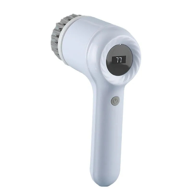 USB rechargeable electric cleaning brush in light grey or purple colour with multiple cleaning head attachments