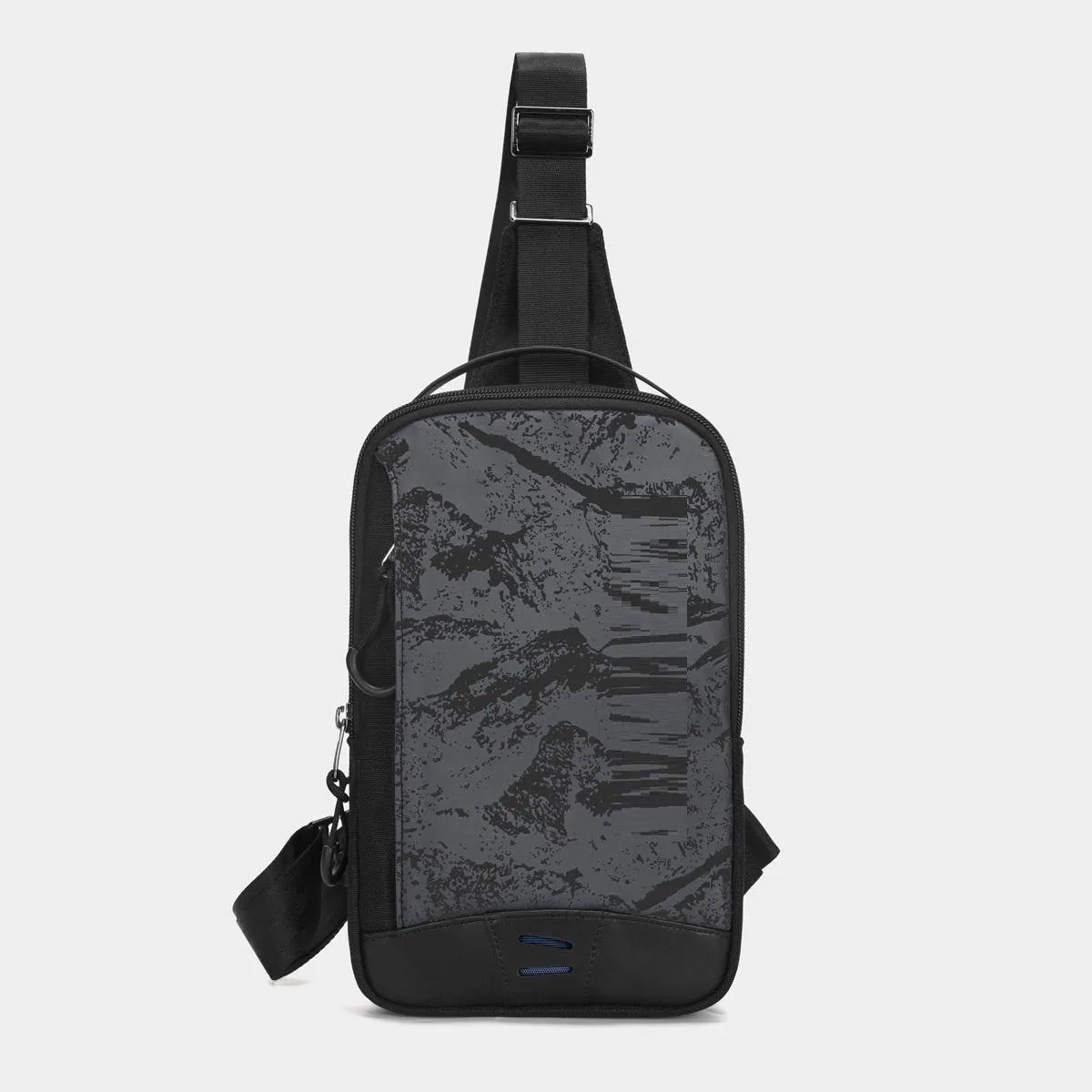Casual black camouflage print chest bag with adjustable shoulder strap and top handle on a person