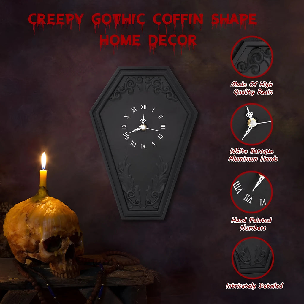 Gothic coffin wall clock, wooden shell and dial, 23x32cm, battery quartz movement, classical dark style