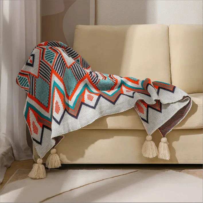 Bohemian acrylic sofa cover blanket with tassels in geometric pattern colours