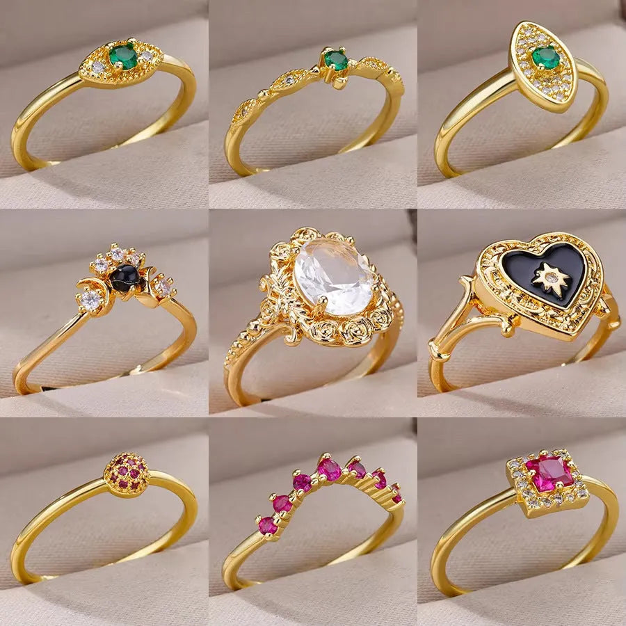 18K gold plated love emerald adjustable open mouth ring with synthetic zircon stone on copper base
