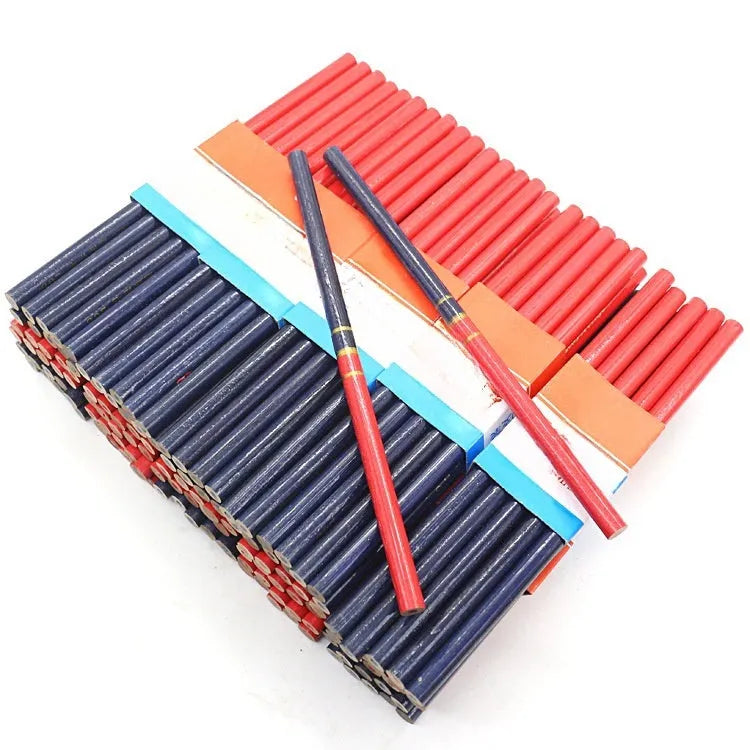 Ten red and blue two-tone round wooden carpenter's pencils for engineering and woodworking