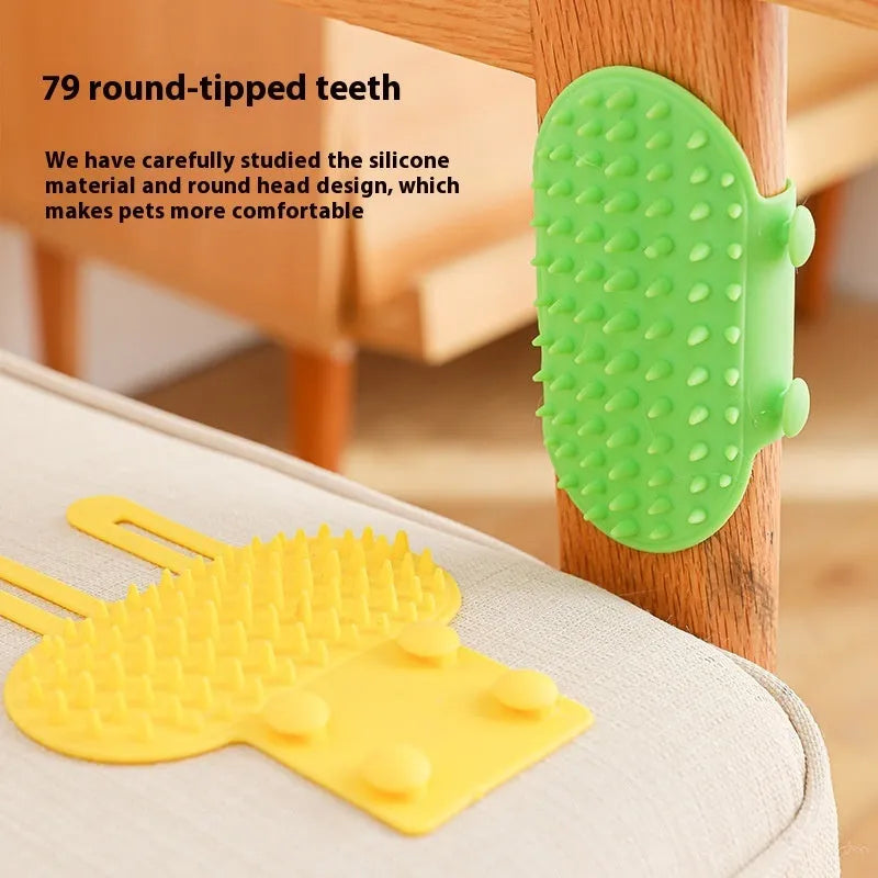 Silicone cat grooming and scratching comb with adjustable strap in black, green, pink, or yellow.