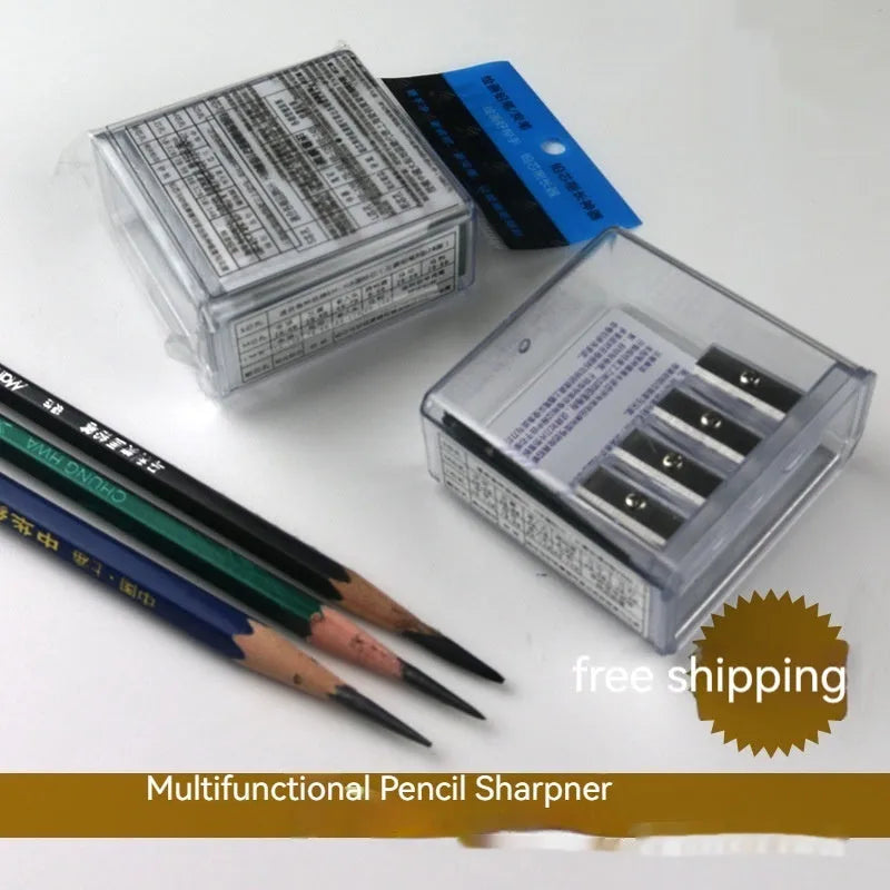 Geometric plastic pencil sharpener with four holes, shown with blades and a screwdriver.