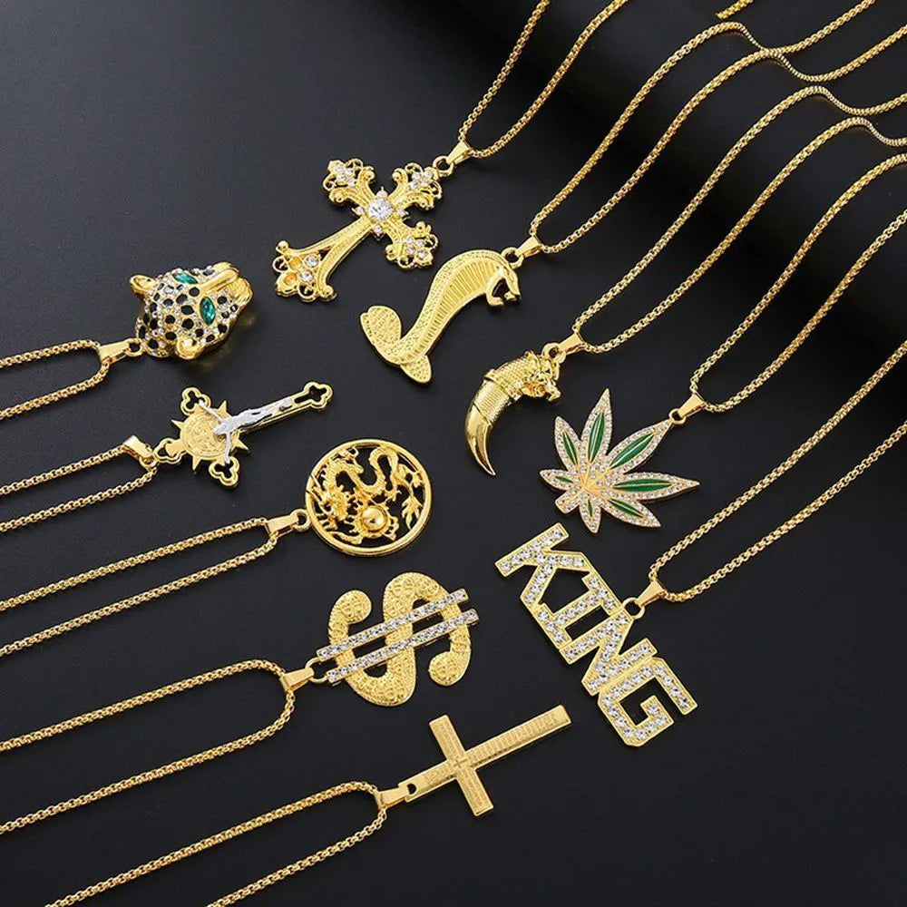 Geometric alloy pendant necklace with inlaid zircon stones in BY0349 gold colour