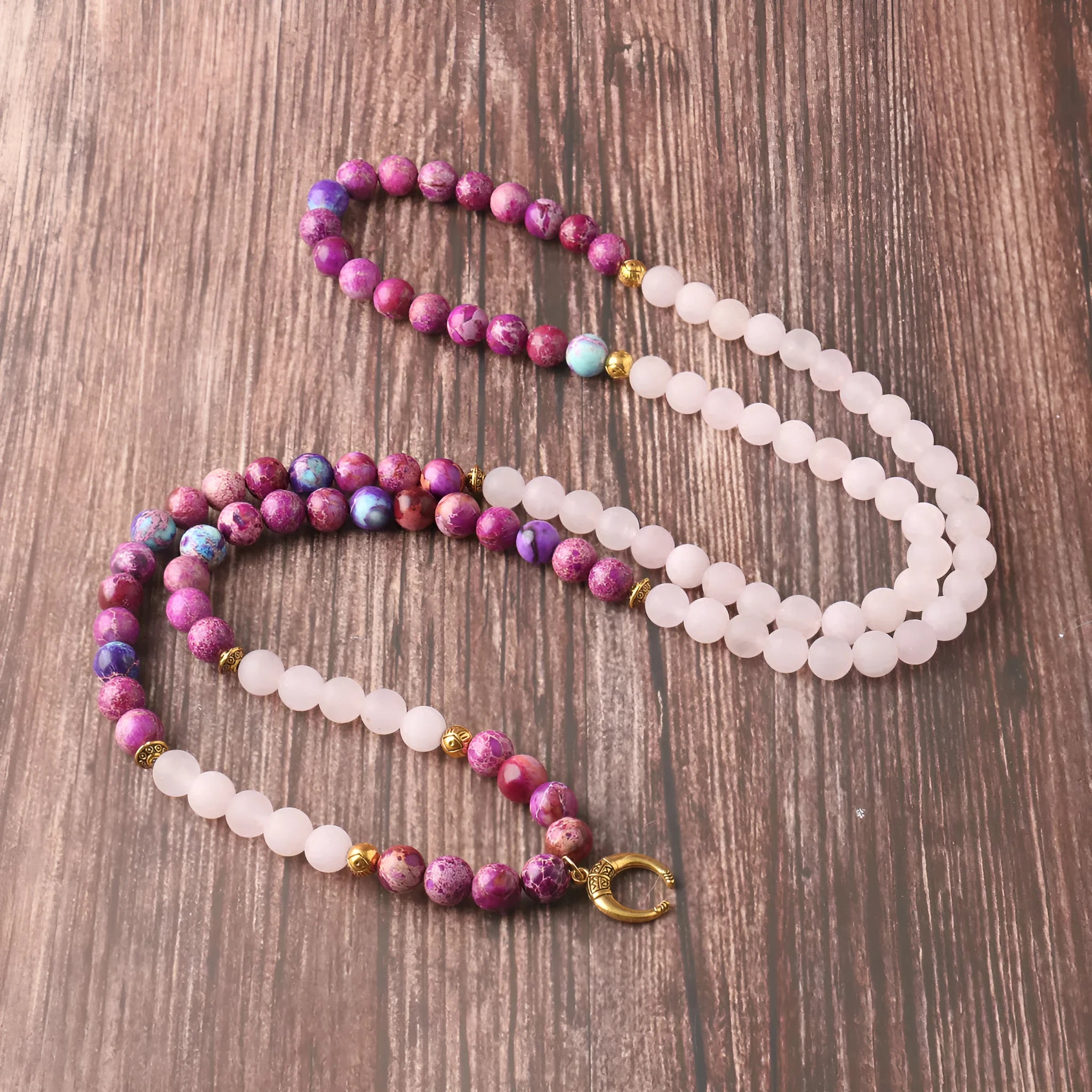 Women's personalised necklace with Emperor Stone pendant and round pink crystal beads