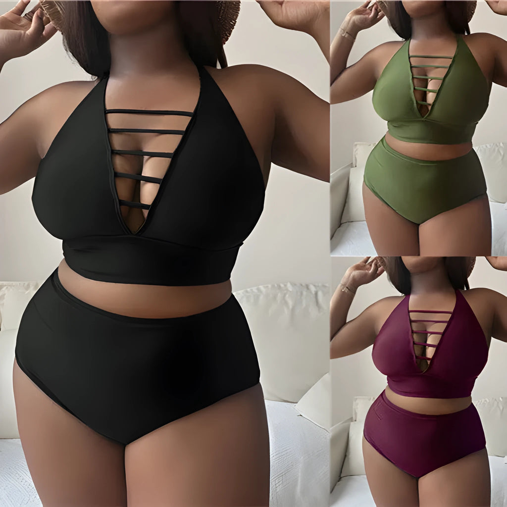 Plus size black halter bikini with cross back straps and high waist briefs on mannequin