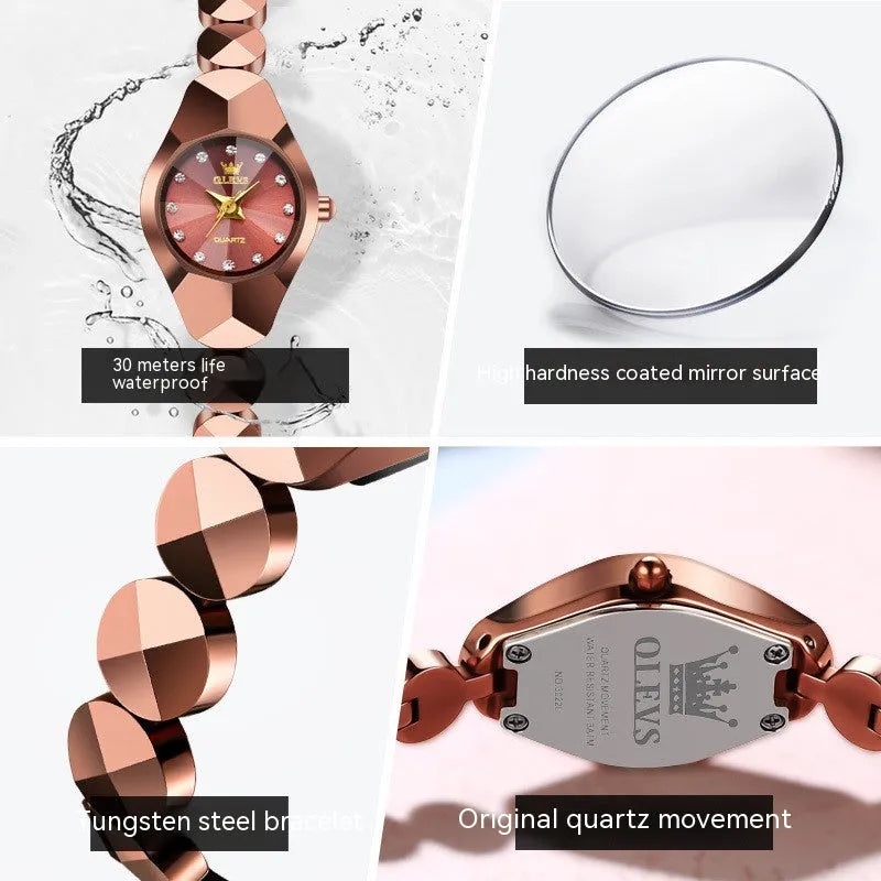 Rose gold plated ceramic tungsten steel quartz watch with diamond inlay, 20mm case diameter, 8mm chain width