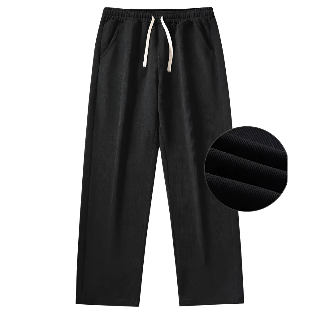 Retro corduroy men's casual pants with stripes, mid waist, in black color, polyester fibre