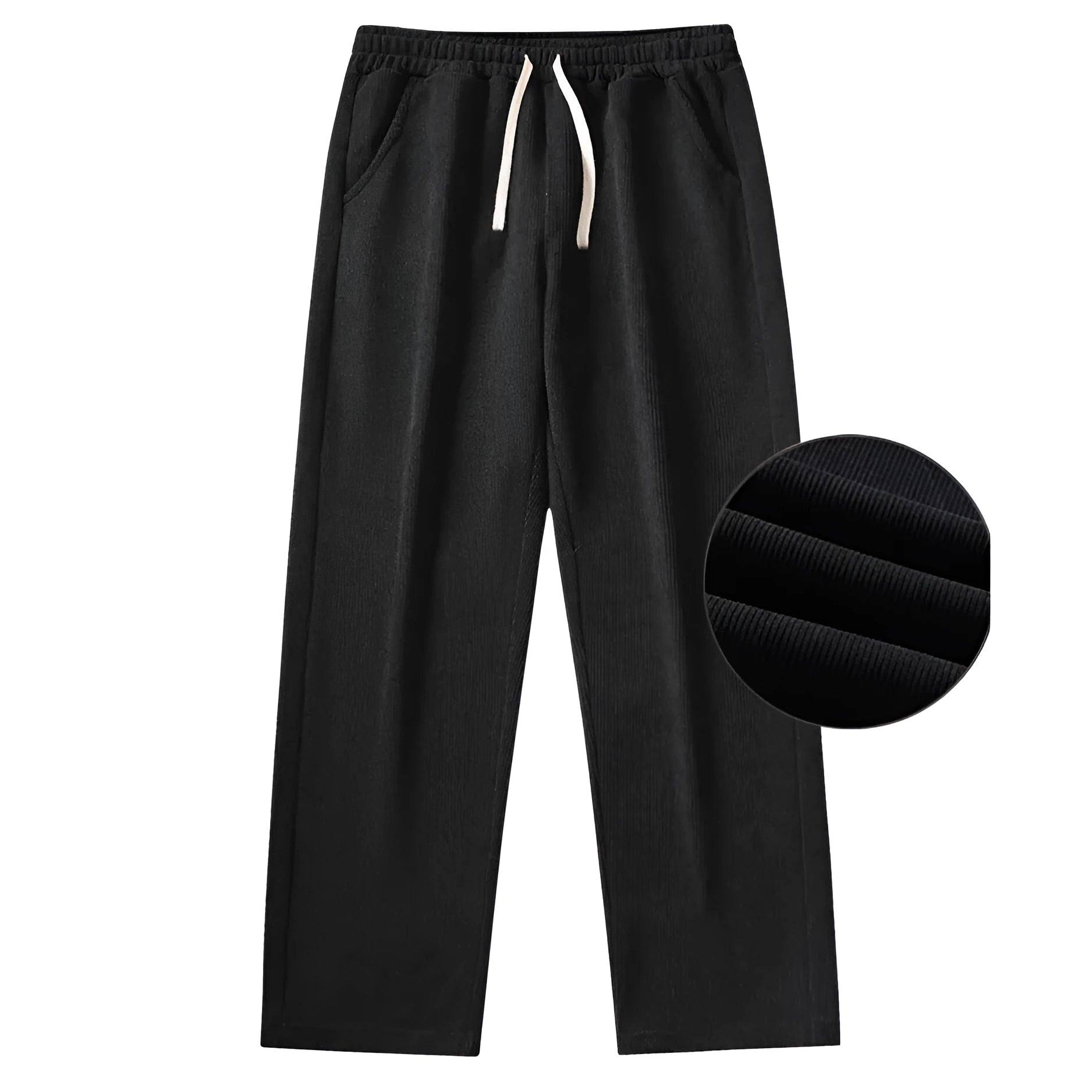 Retro corduroy men's casual pants with stripes, mid waist, in black color, polyester fibre