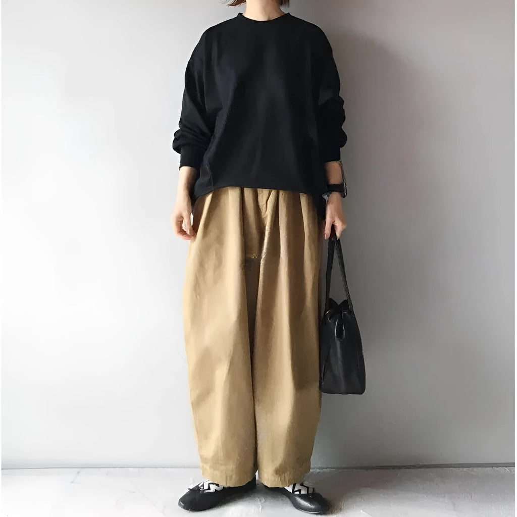 Women's two-piece set with loose round neck lantern sleeve sweater and cropped wide leg pants in picture colour