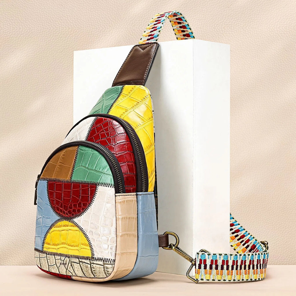 Genuine leather bohemian chest bag 17x10x27cm colour-blocked semicircle square street fashion