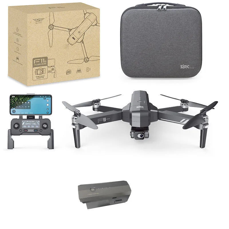 Black F11s PRO GPS folding drone with 4K camera and two-axis gimbal shown in expanded and folded positions