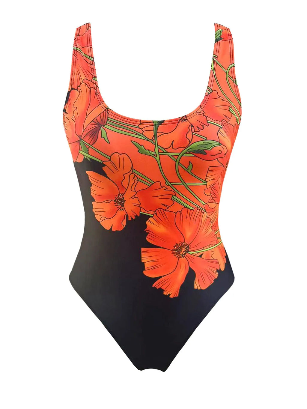 Orange floral print backless one-piece swimsuit on a hanger, showing slim fit design.