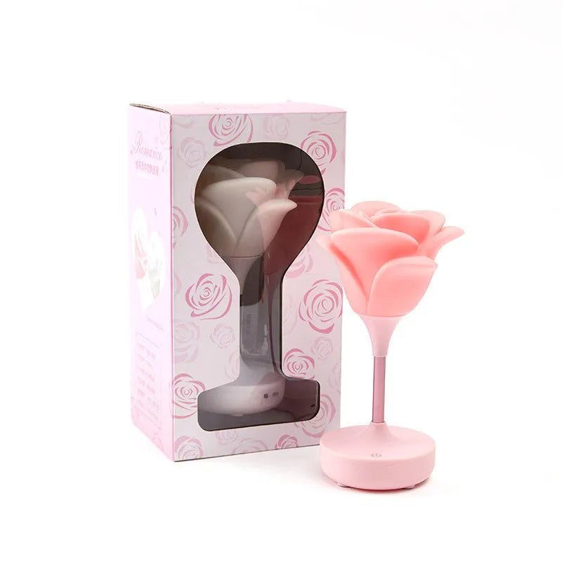 Touch rose USB night light in silicone and ABS, pink colour, showing three brightness level buttons on base