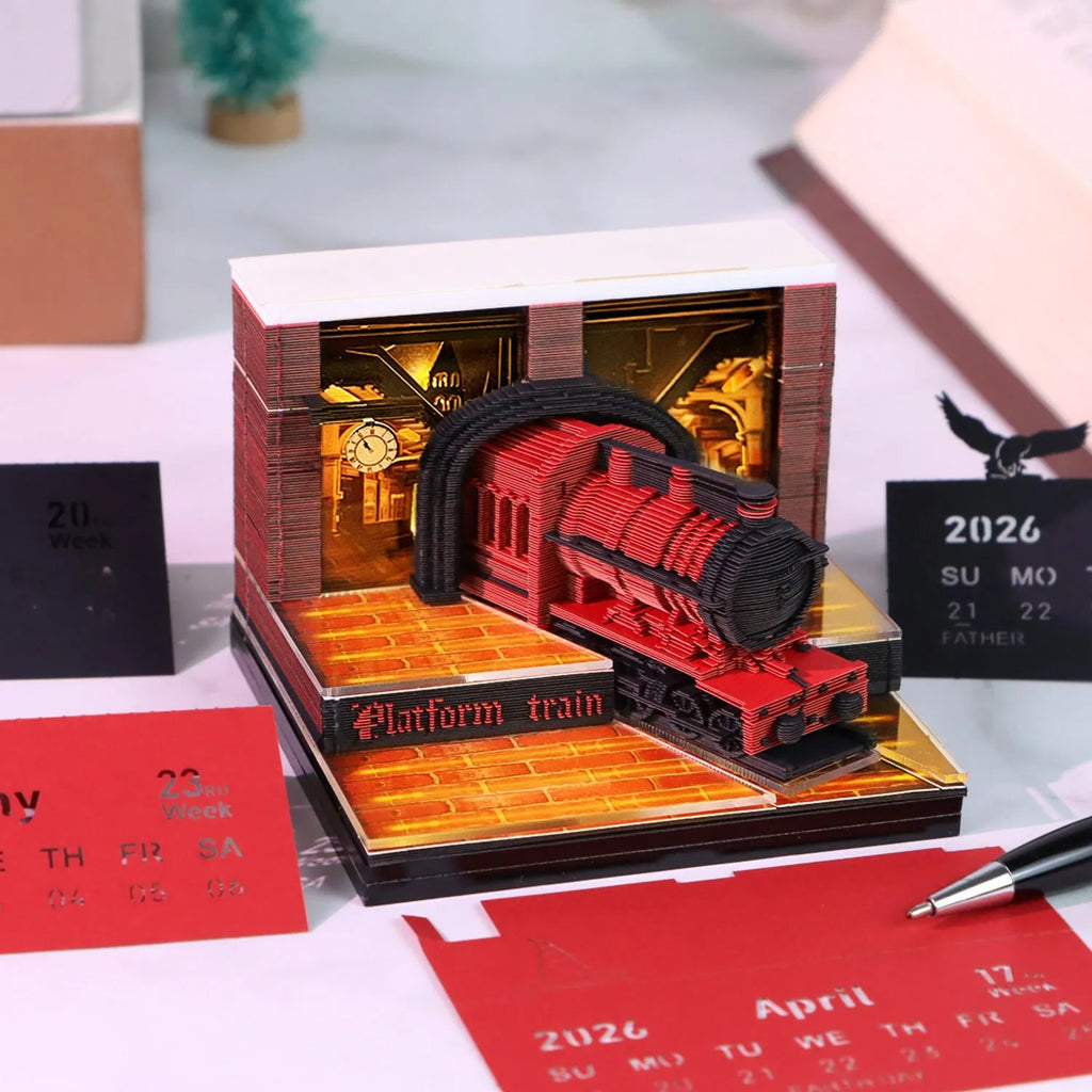 Magic Train 3D paper carving calendar ornament in cover colour Magic Train, paper brick shape, desktop display