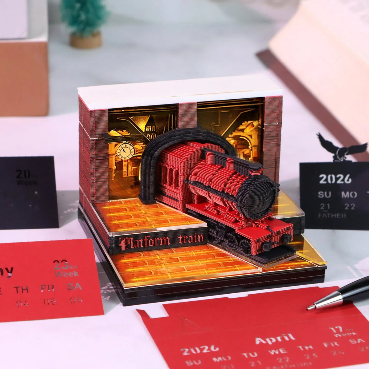 Magic Train 3D paper carving calendar ornament in cover colour Magic Train, paper brick shape, desktop display