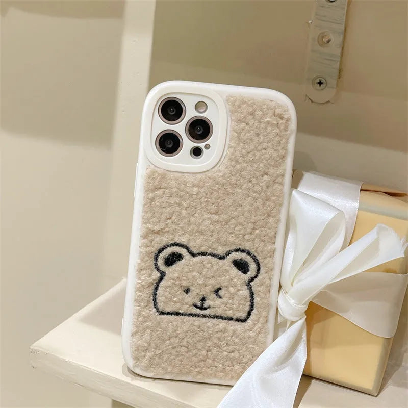 Plush embroidered bear shockproof phone case in light khaki for iPhone