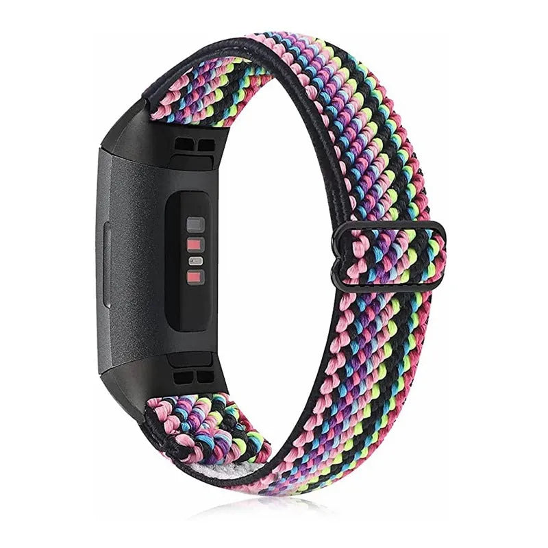 Nylon elastic strap with silver metal toe cap for Fitbit Charge 5 or 6, black colour