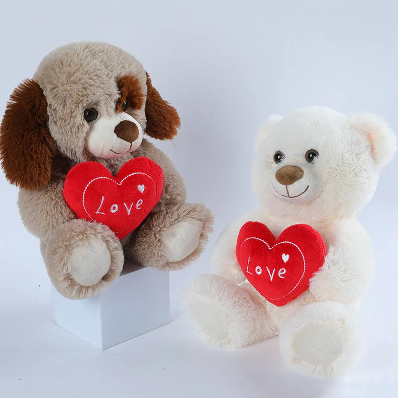 Cute heart-hugging teddy bear plush toy in brown, 30cm tall, standing on a white background