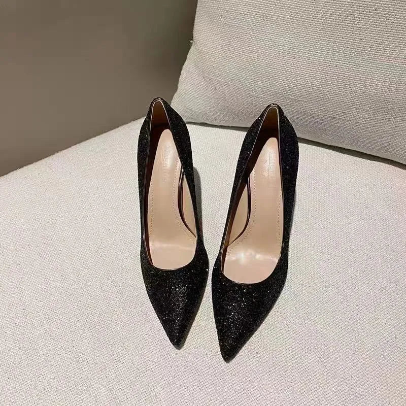 Crystal-adorned black and silver women's stiletto wedding shoes with 7cm and 9cm heel height options.