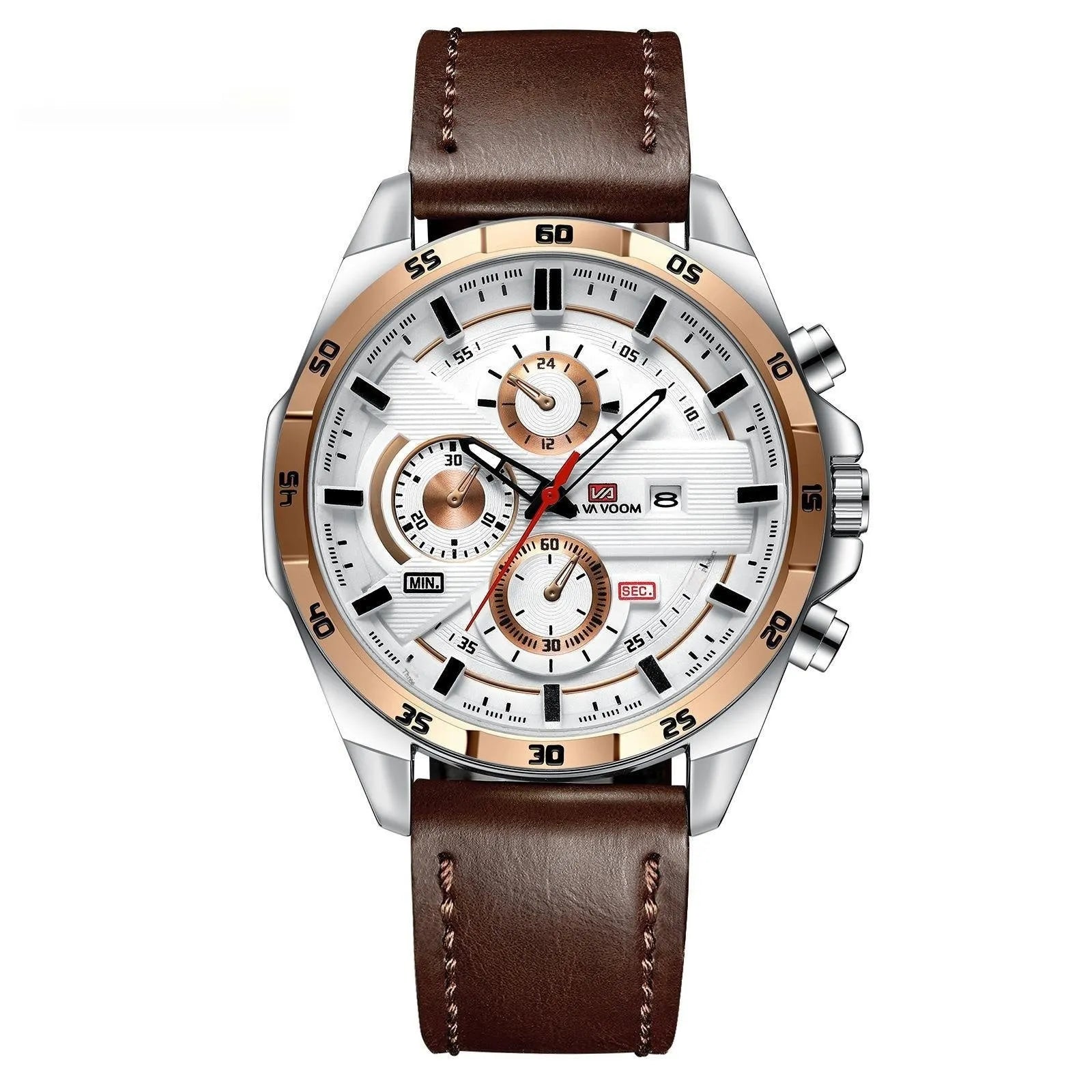 Men's casual quartz watch with calendar display on leather strap, shown in rose gold and black colour option.