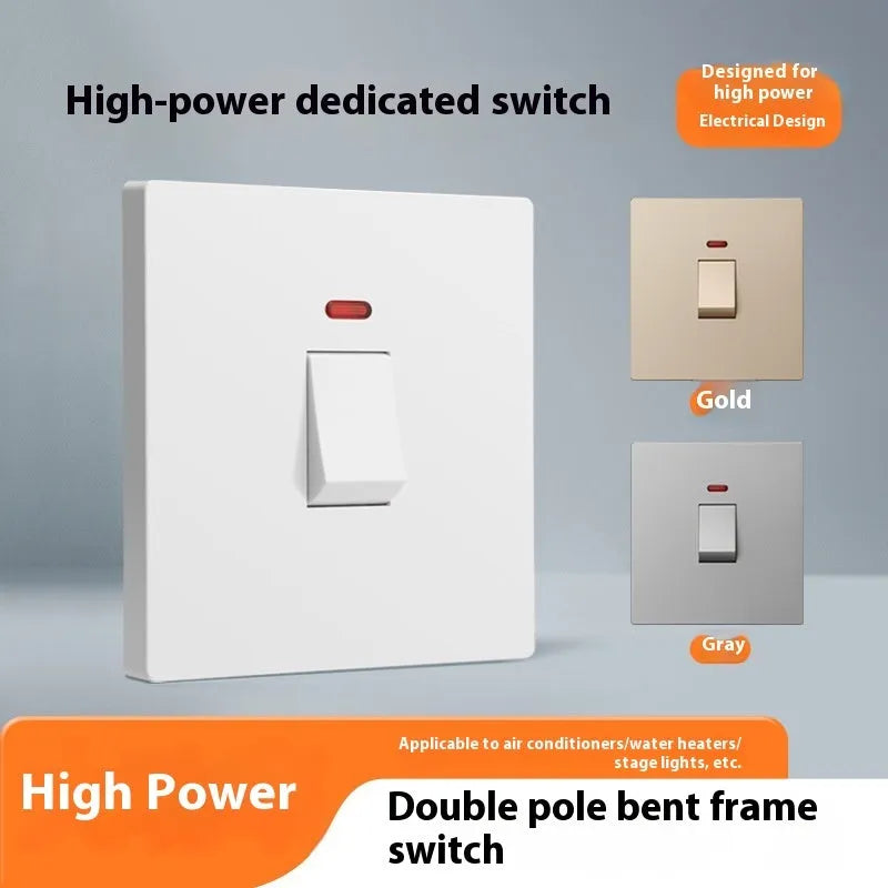 Curved rack high-power electrical switch with light panel in gold, grey, or white.