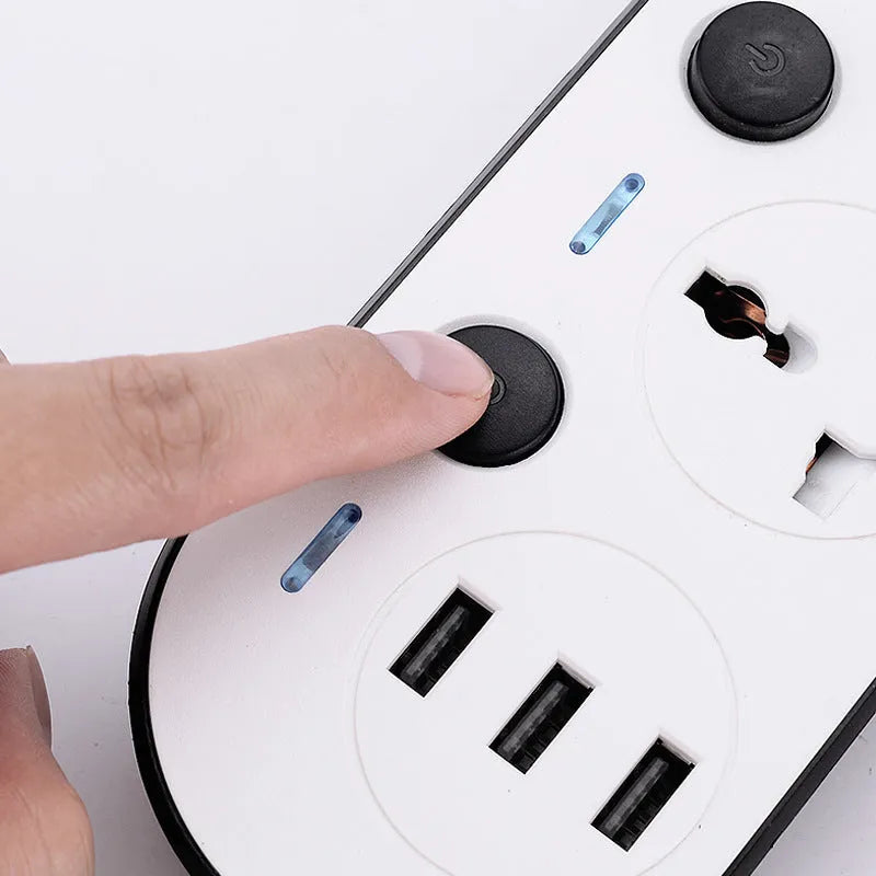 Multi-switch power strip with USB ports showing UK, US, and EU plug options and a coiled cable.