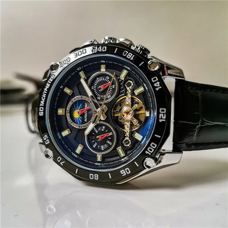 Men's automatic mechanical watch showing multifunction dial on a 12mm thick case in a silver and black colour variant.