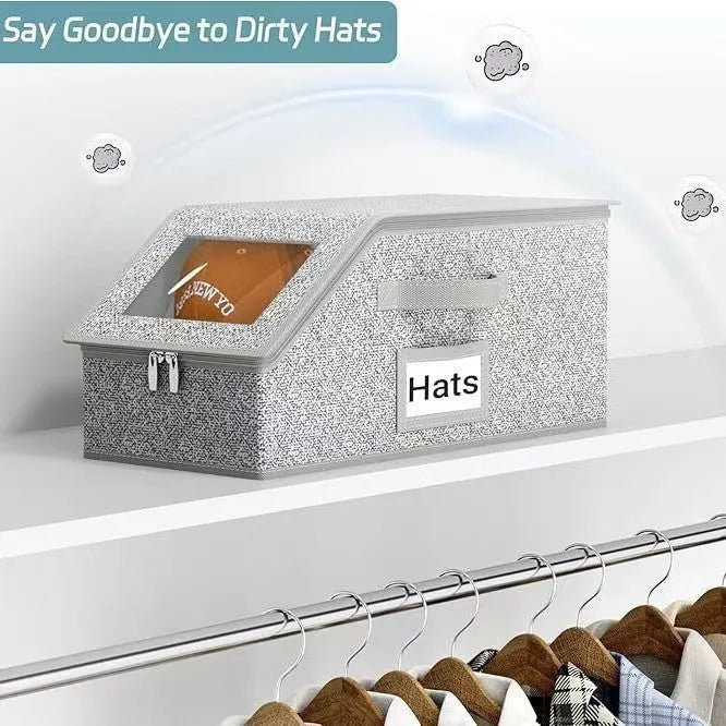 Grey foldable storage box with dimensions 42cm by 22cm by 17cm for cap and household organisation