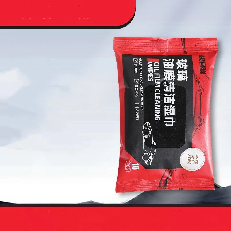 Pack of 10 portable glass oil film removing wipes with degreasing formulation on a white background