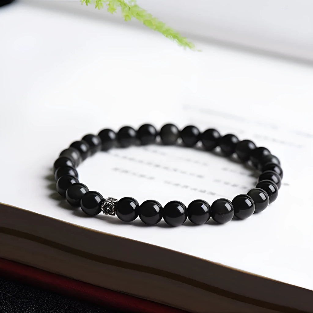 Natural obsidian bracelet with S925 silver flower accessories and dragon phoenix decorations, 6mm beads