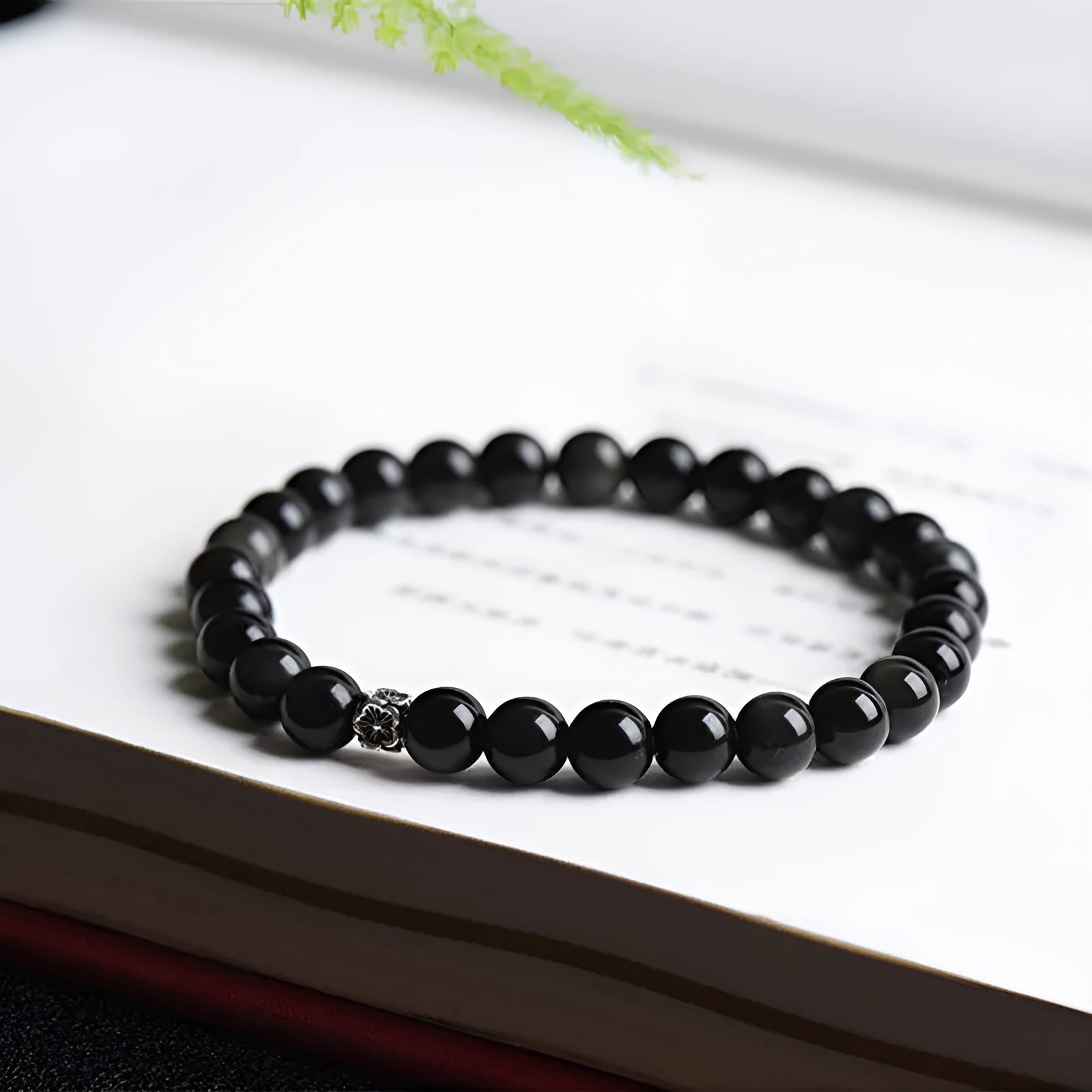 Natural obsidian bracelet with S925 silver flower accessories and dragon phoenix decorations, 6mm beads