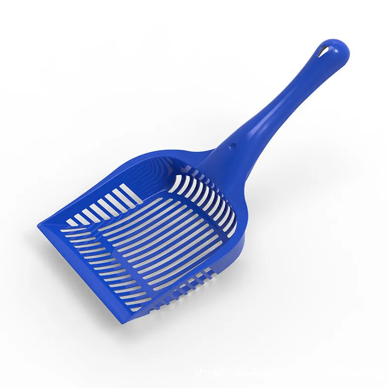 Red, yellow, and blue plastic cat litter scoops in small and medium sizes for pet waste cleaning.