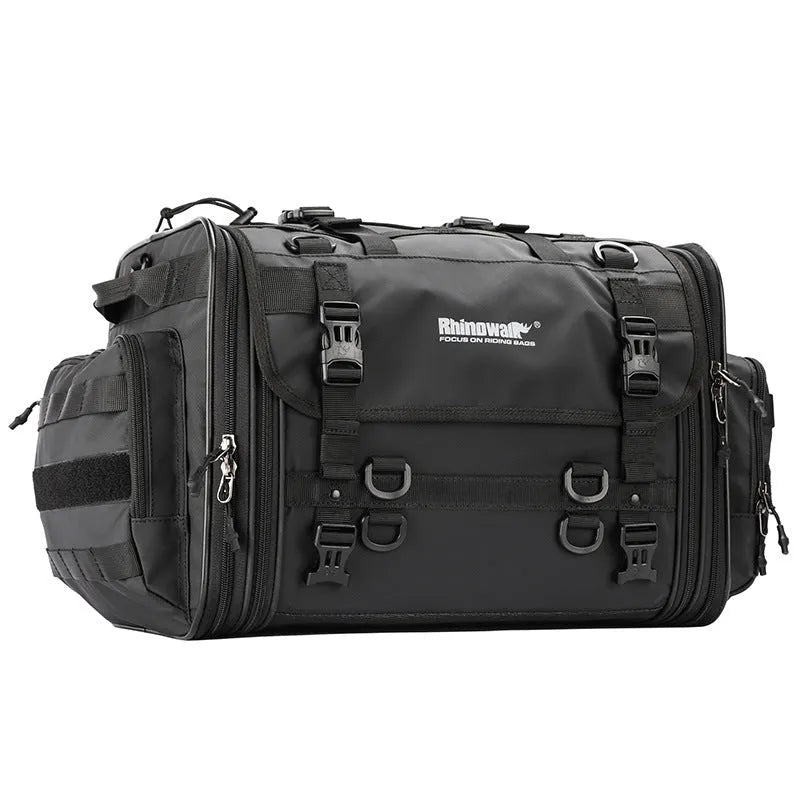 Expandable black polyester motorcycle rear seat bag measuring 31.5x31.5x44cm with rain cover and shoulder strap