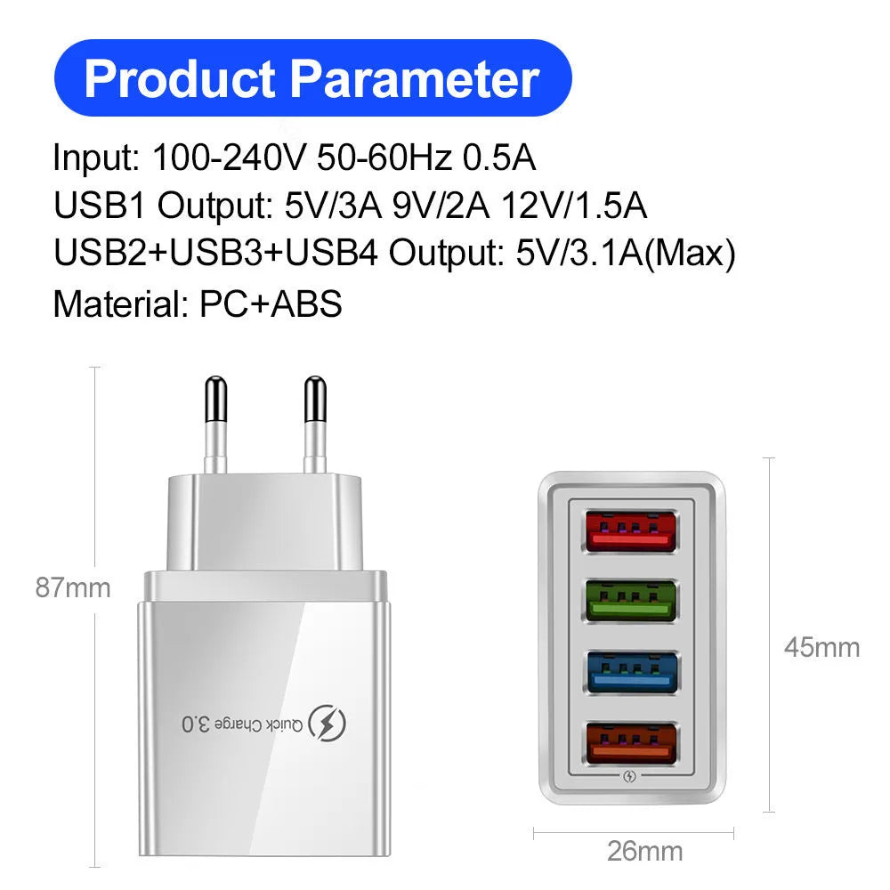 Multi-port USB charging head with four ports, available in black, white, blue, or red, with US flat feet plug shown.