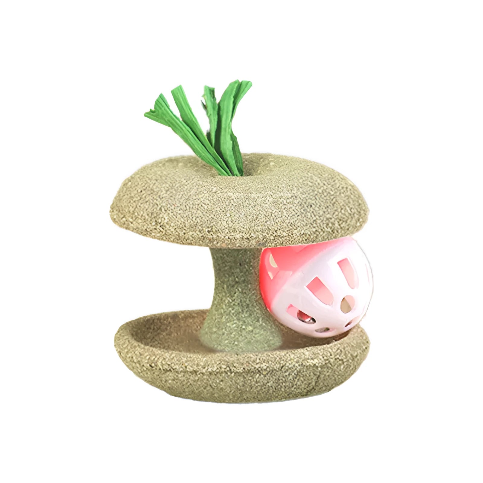 Green edible catnip toy with bell for cat teeth cleaning and chasing game