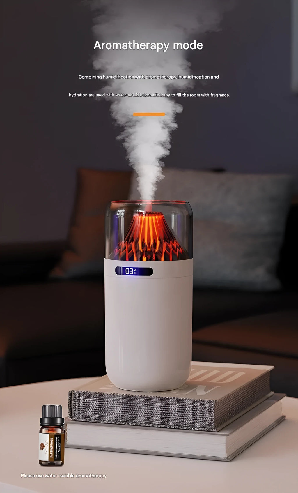 Volcano USB humidifier in black with digital display, compact battery-powered design for car and desk use.