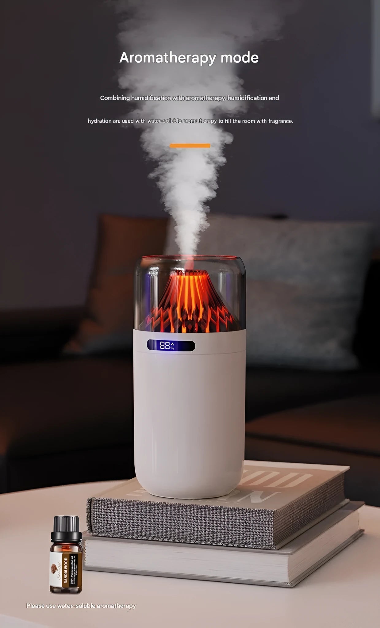 Volcano USB humidifier in black with digital display, compact battery-powered design for car and desk use.